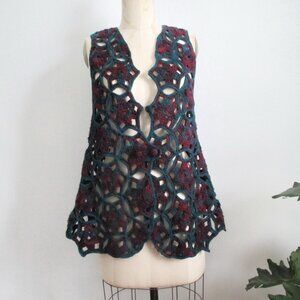 Vintage Bohemian Crochet Vest Teal and Burgundy